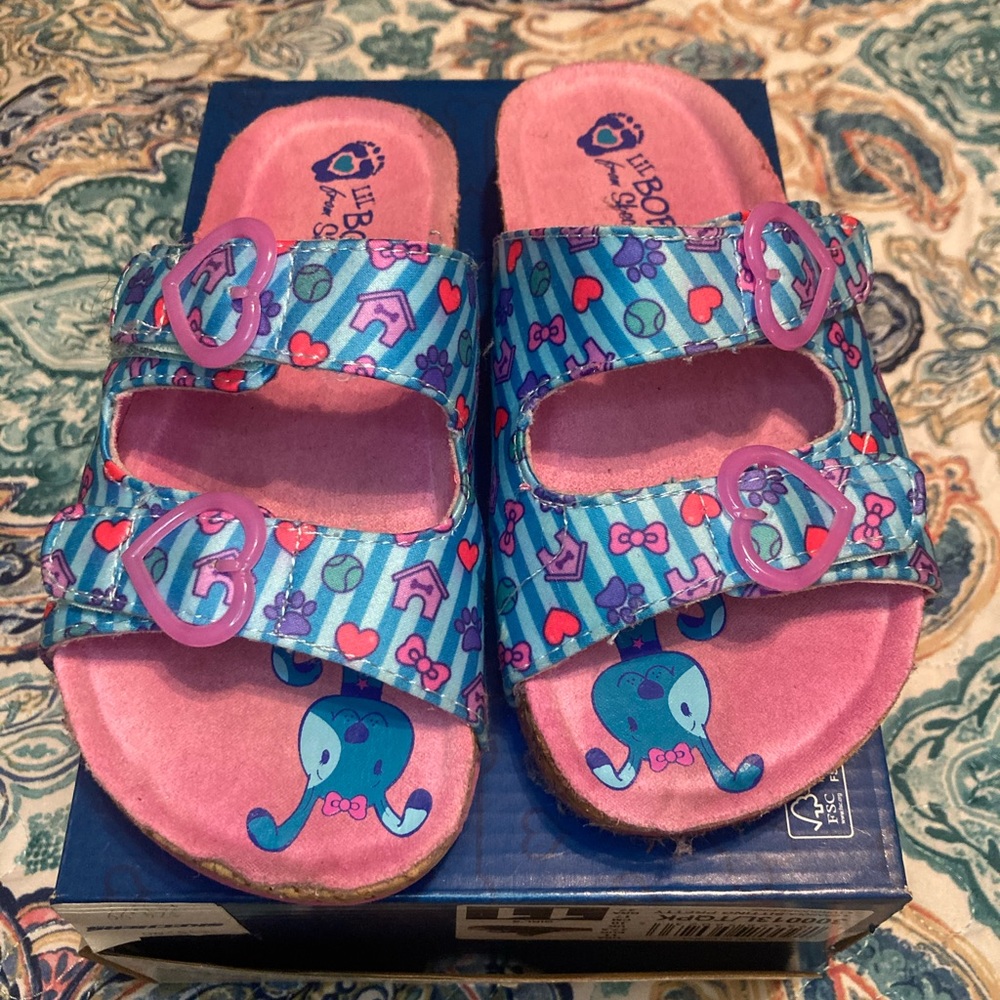 Sketchers girl sandals size 11 pink and blue.